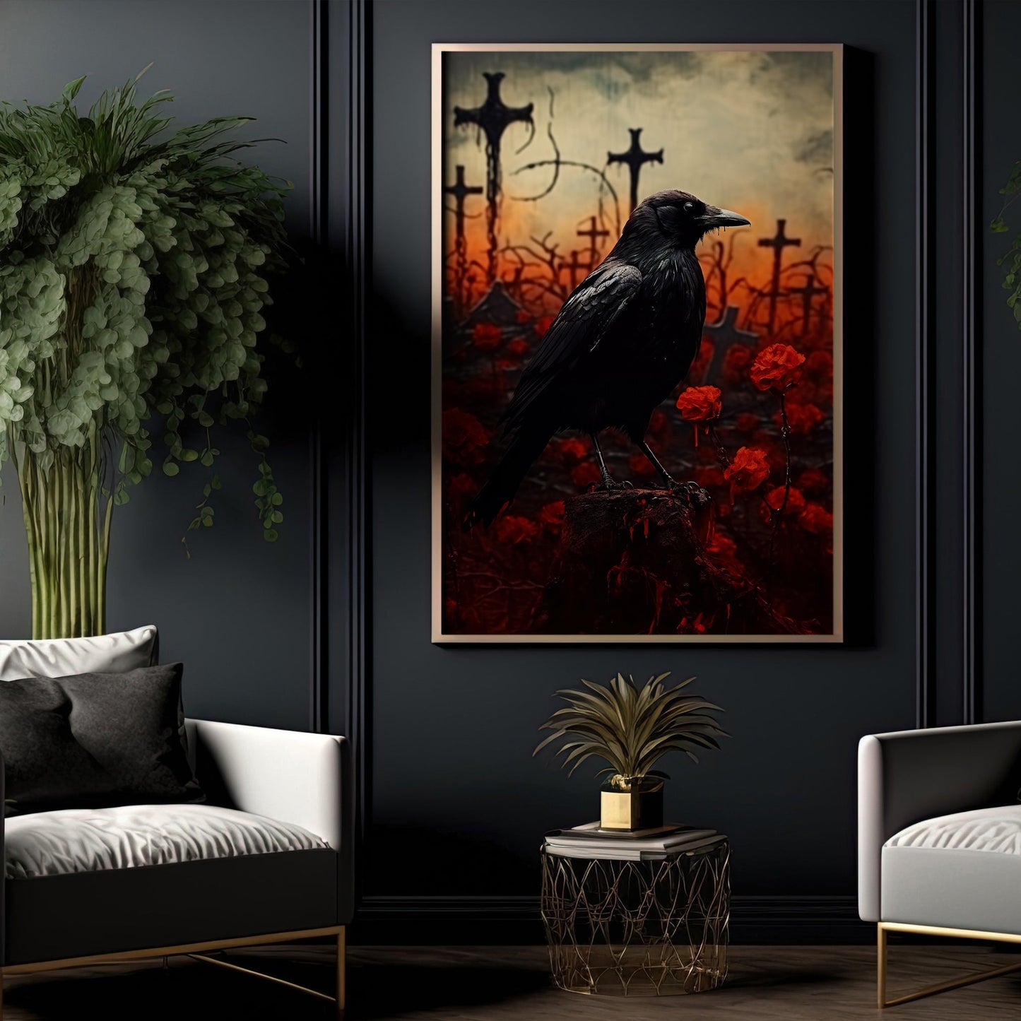 Blood Cemetery Crow Dark Vintage Halloween Canvas Painting, Wall Art Decor - Haunting Grave Black Raven Halloween Poster Gift