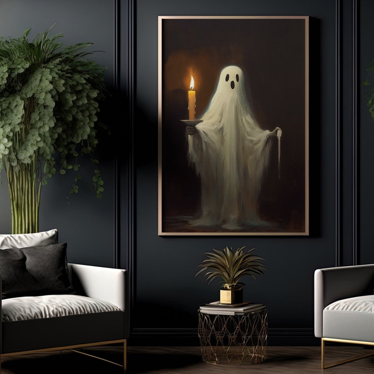 Ghost Hold A Candle In A Dark Room Halloween Canvas Painting, Wall Art Decor - Dark Ghost Halloween Poster Gift