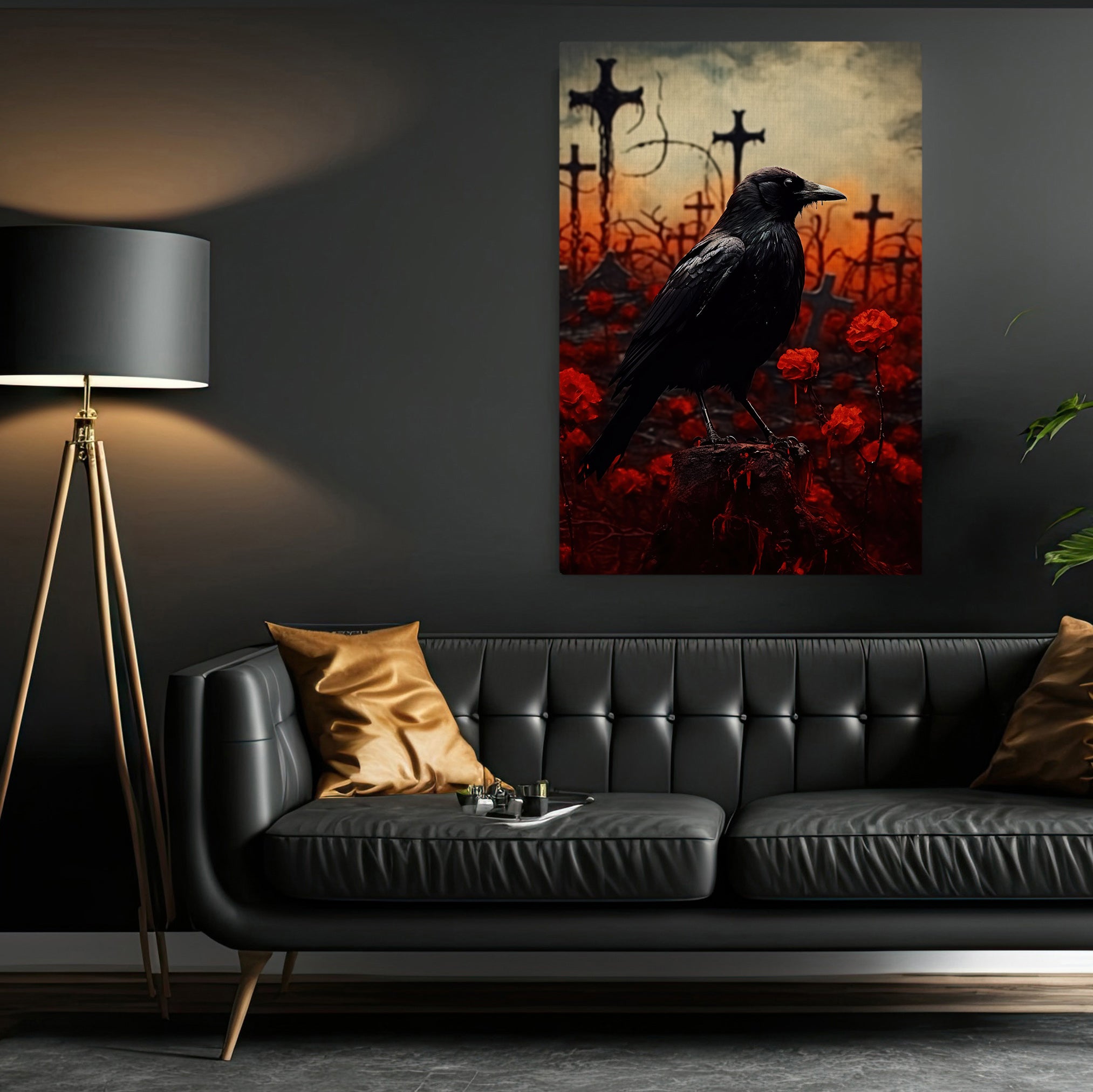 NECRO RAVEN– ダークゴシックオブジェ 死と闇を纏う“漆黒のレイヴン” Blood Cemetery Crow Dark Vintage Halloween Canvas Painting, Wall