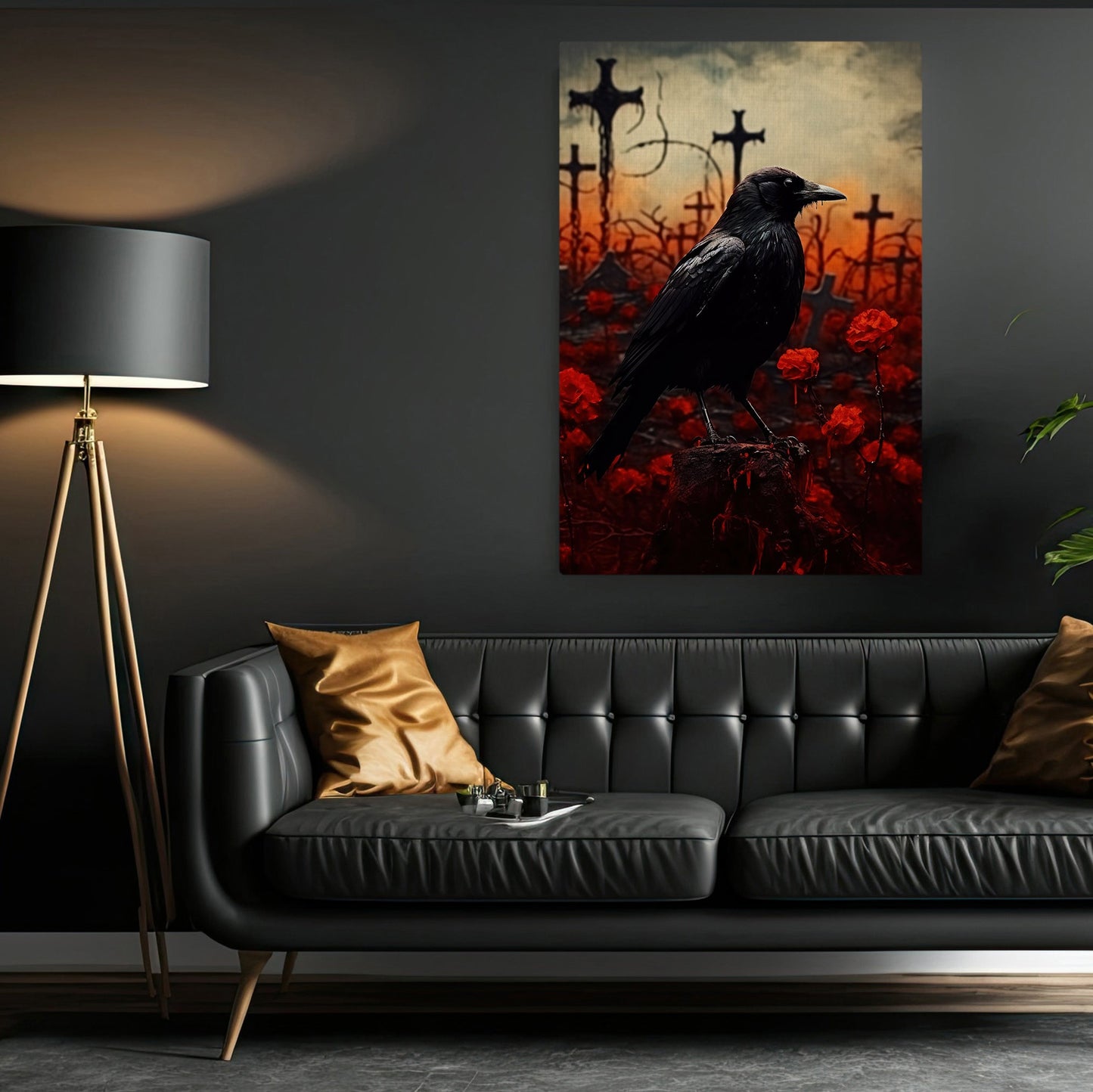 Blood Cemetery Crow Dark Vintage Halloween Canvas Painting, Wall Art Decor - Haunting Grave Black Raven Halloween Poster Gift