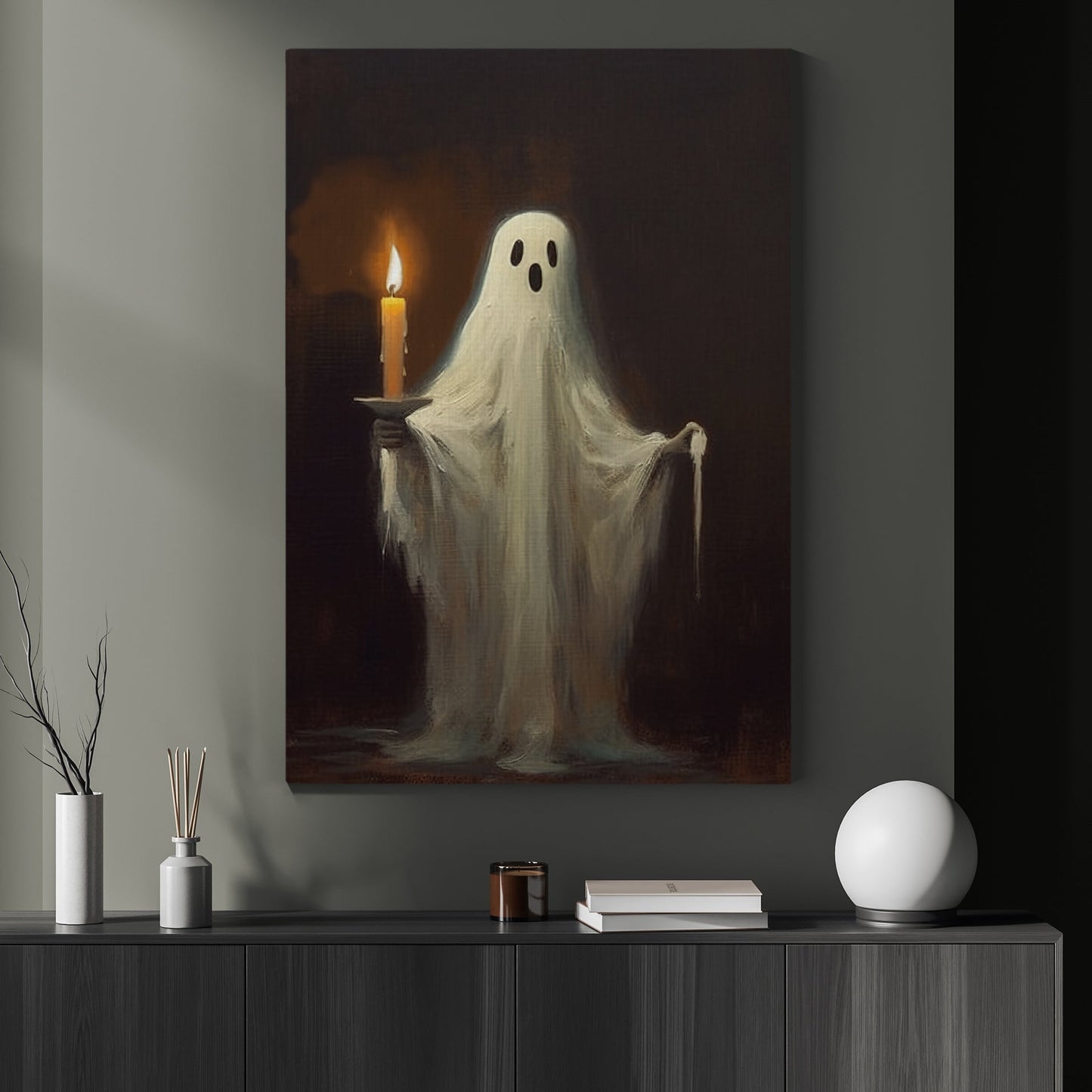 Ghost Hold A Candle In A Dark Room Halloween Canvas Painting, Wall Art Decor - Dark Ghost Halloween Poster Gift