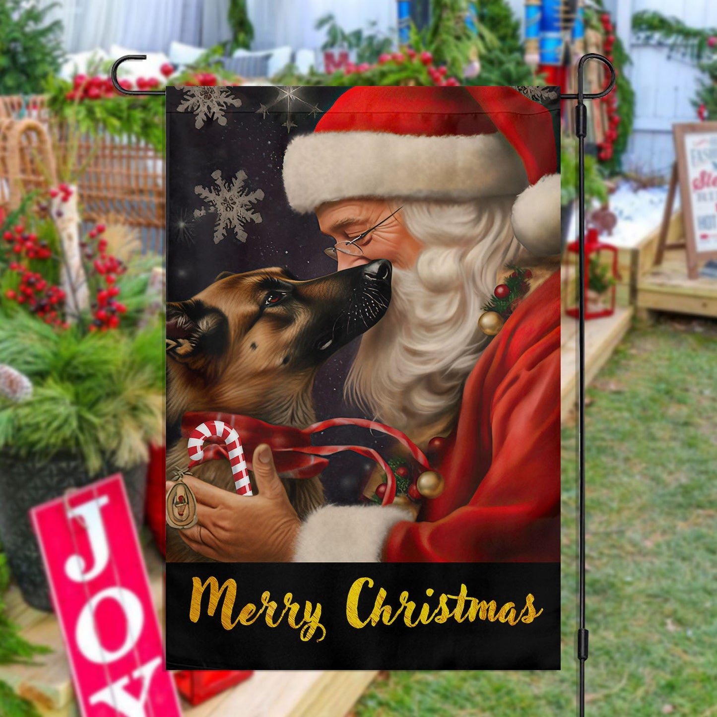 Santa Claus Is Cuddling The Dog, Dog Xmas Garden Flag & House Flag, Christmas Flag Gift For Dog Lovers