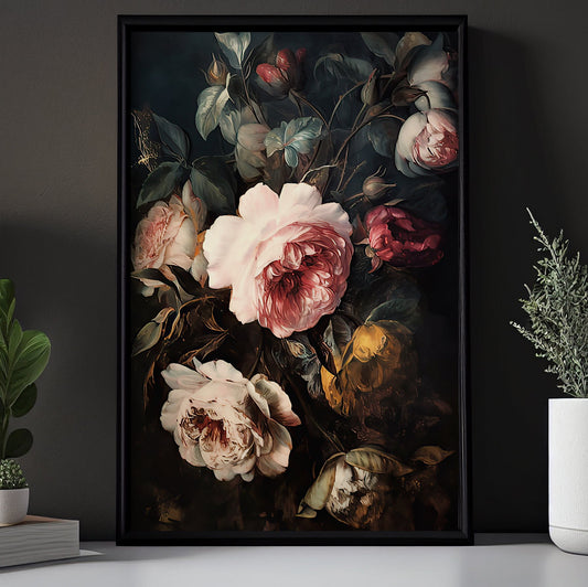 Dark Wild Rose Flowers, Flowers Canvas Painting, Wall Art Decor - Floral Poster Gift
