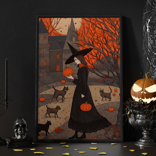 The Witch Twilight Full Moon Painting Art Print - Dark Surreal Witch Halloween Poster Art Framed Gift