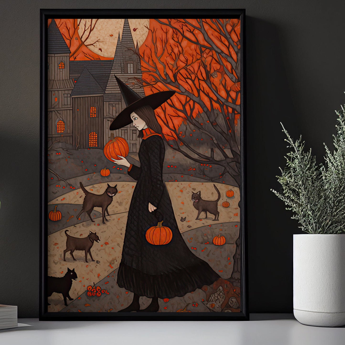 The Witch Twilight Full Moon Painting Art Print - Dark Surreal Witch Halloween Poster Art Framed Gift