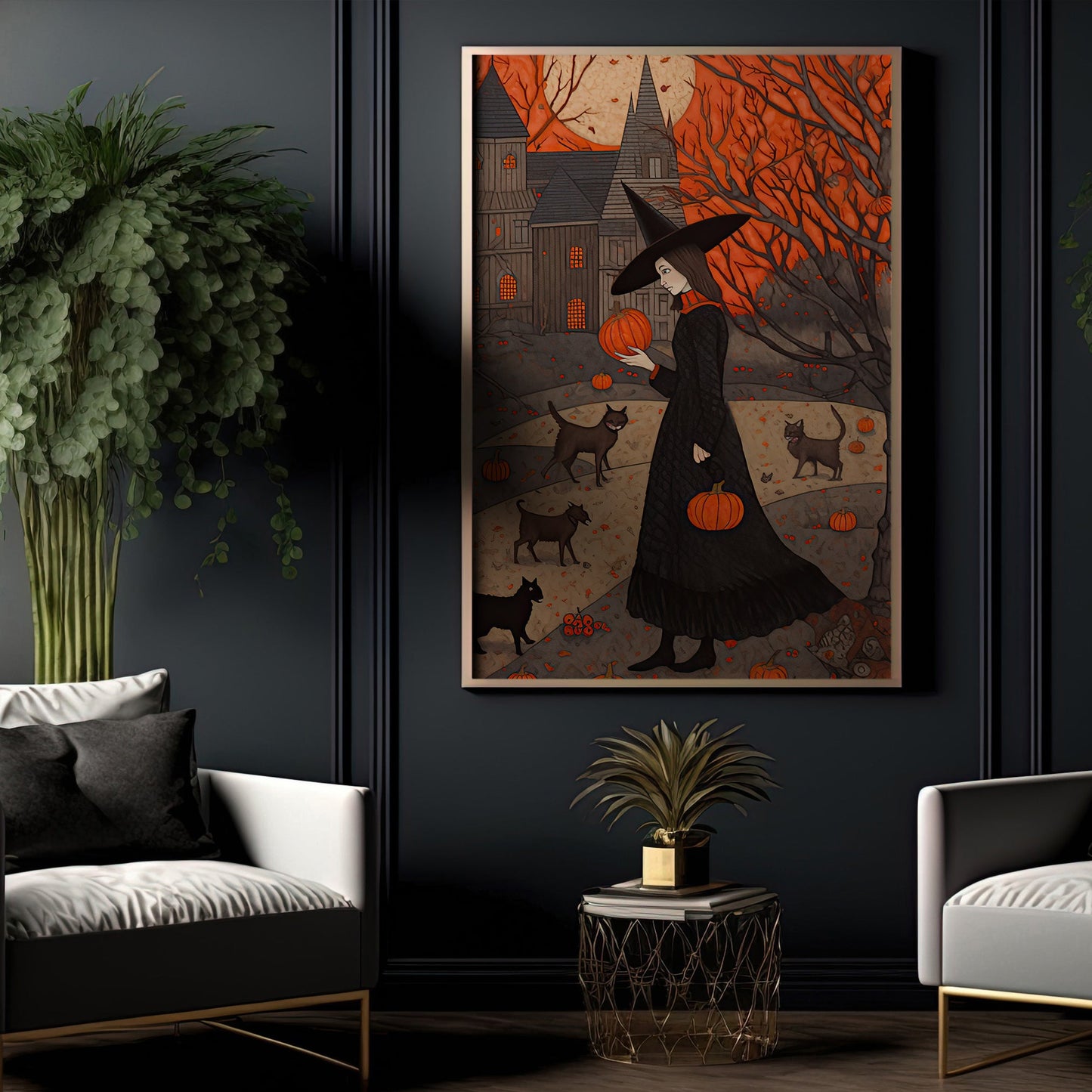 The Witch Twilight Full Moon Painting Art Print - Dark Surreal Witch Halloween Poster Art Framed Gift