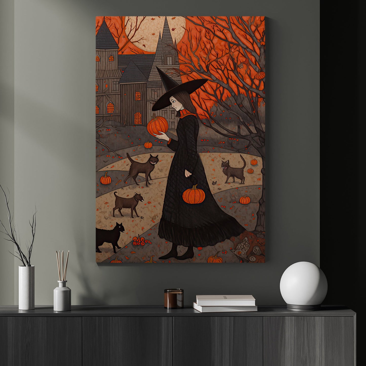 The Witch Twilight Full Moon Painting Art Print - Dark Surreal Witch Halloween Poster Art Framed Gift