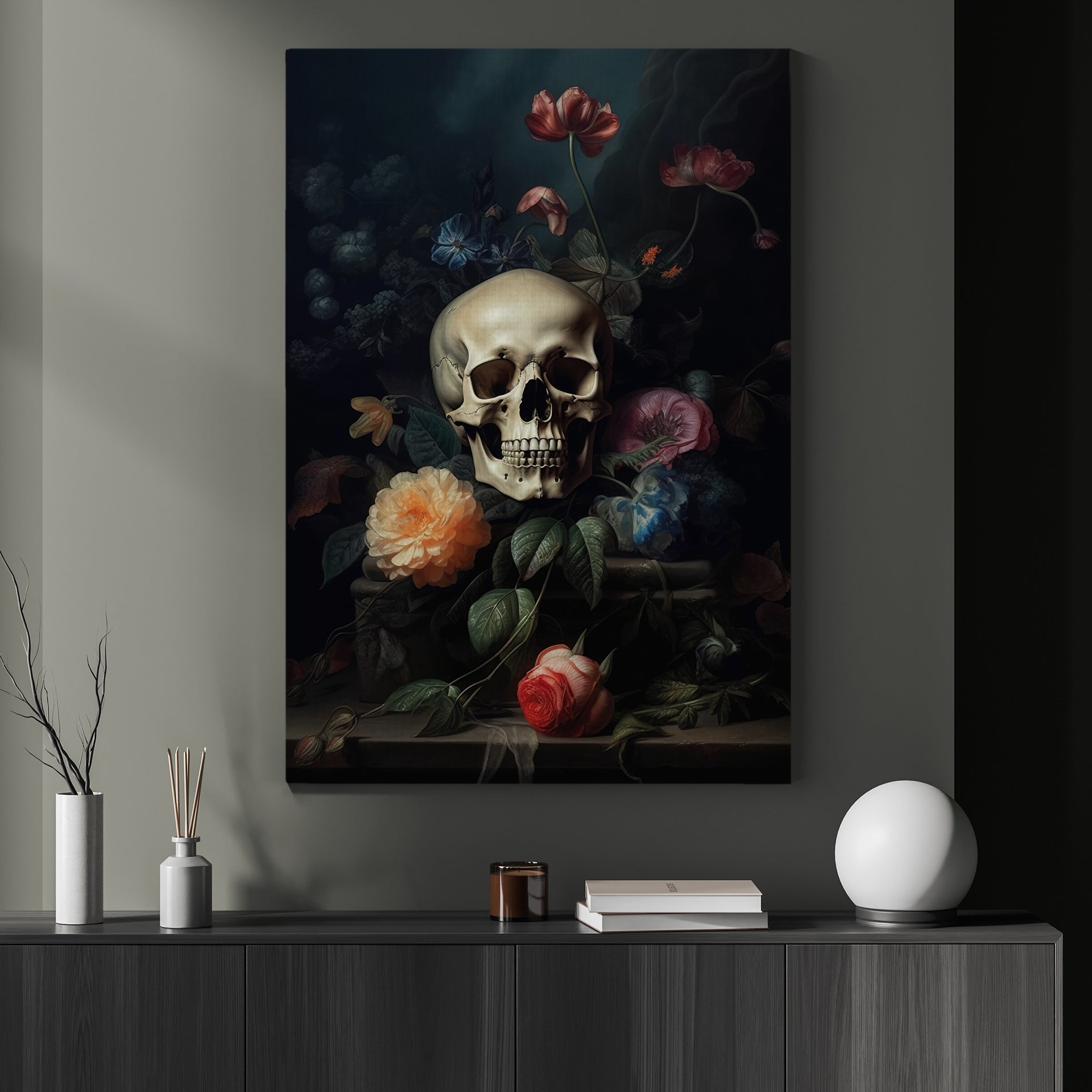 The Skull Hiding Flowers Gothic Canvas Wall Art - Vintage Skull