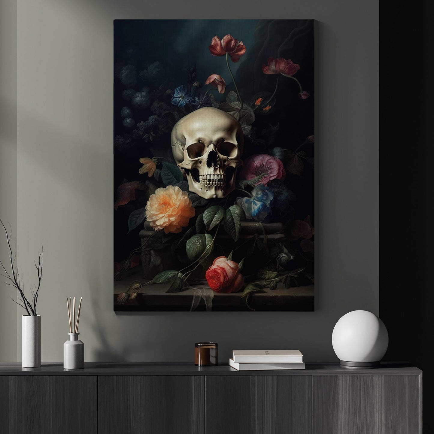 The Skull Hiding Flowers, Gothic Canvas Painting, Wall Art Decor - Vintage Skull Poster Gift