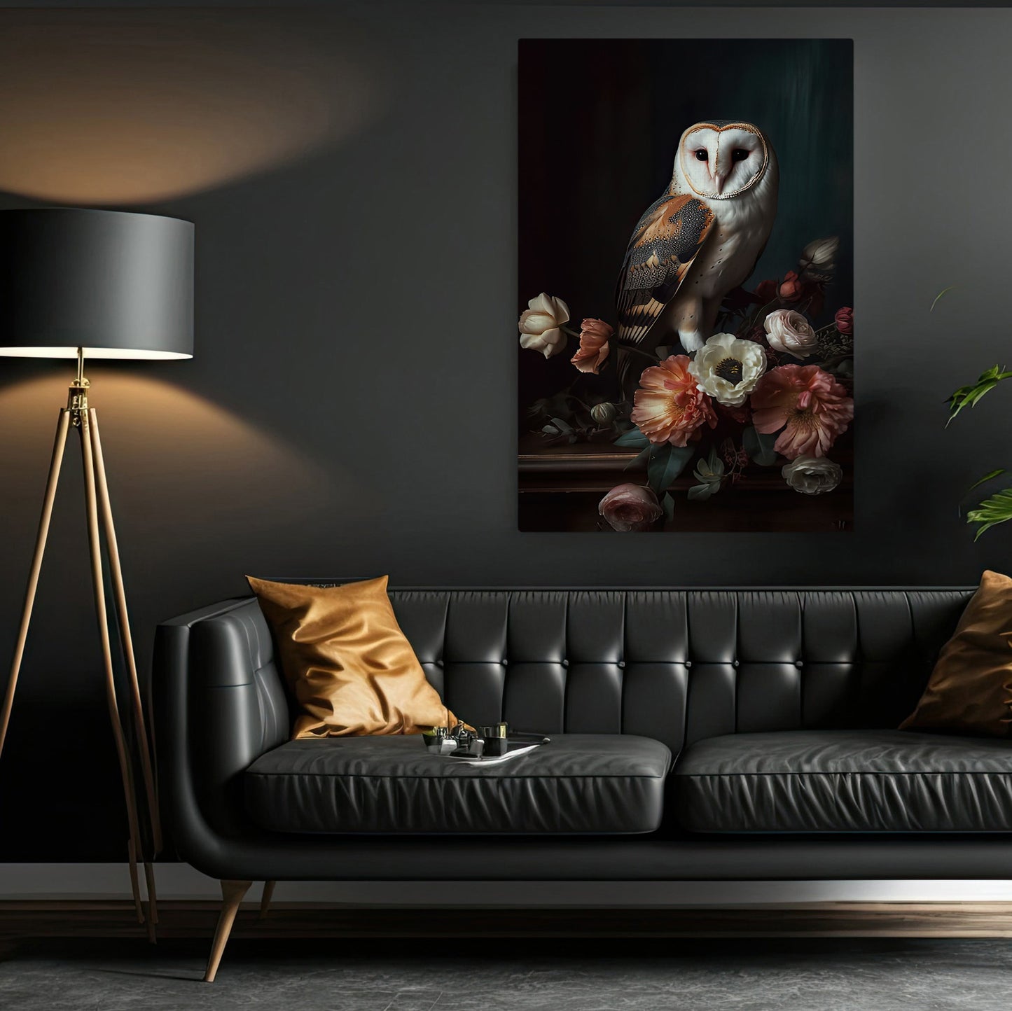 Victorian Owl Stands On Flowers, Gothic Owl Canvas Painting, Wall Art Decor - Owl Poster Gift