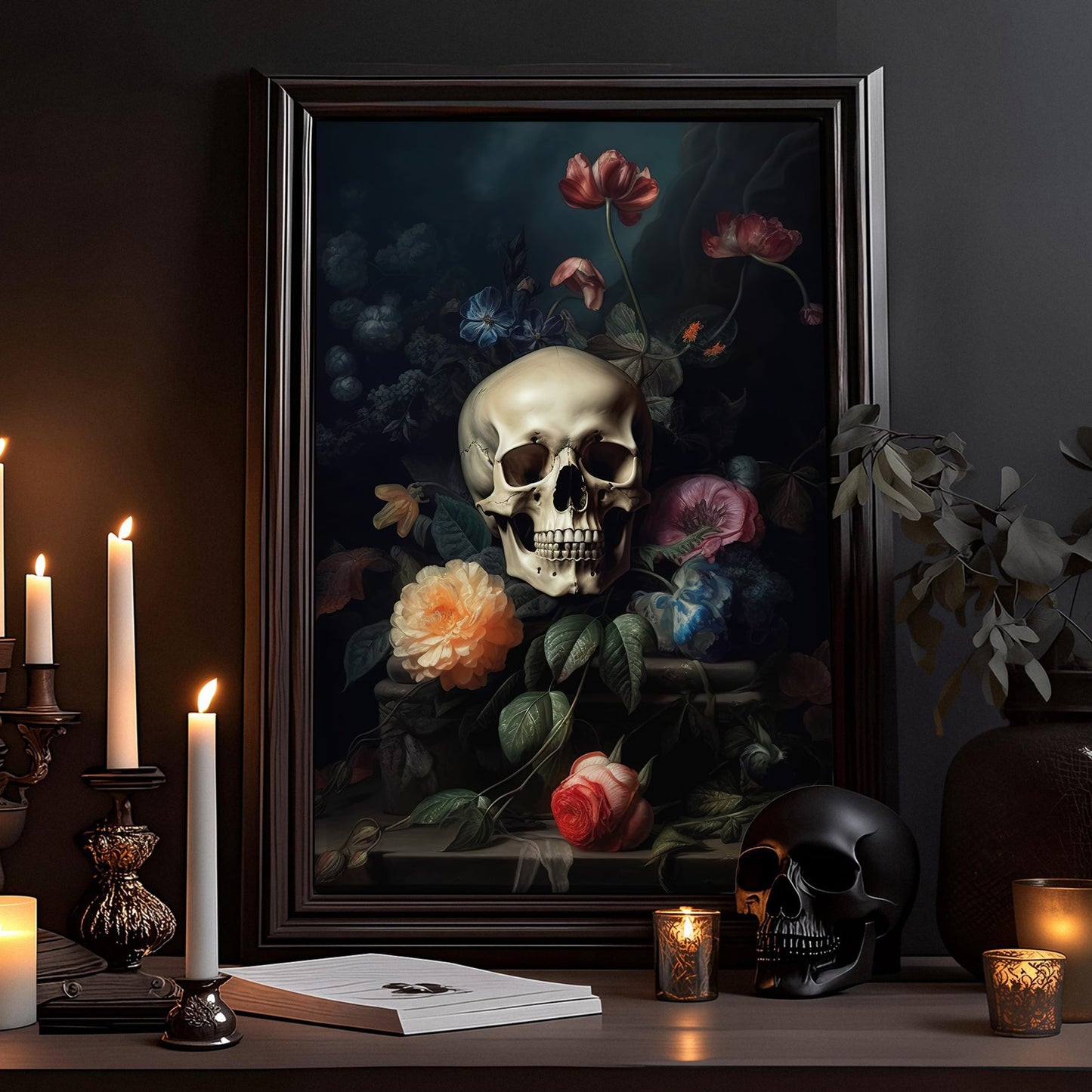 The Skull Hiding Flowers, Gothic Canvas Painting, Wall Art Decor - Vintage Skull Poster Gift