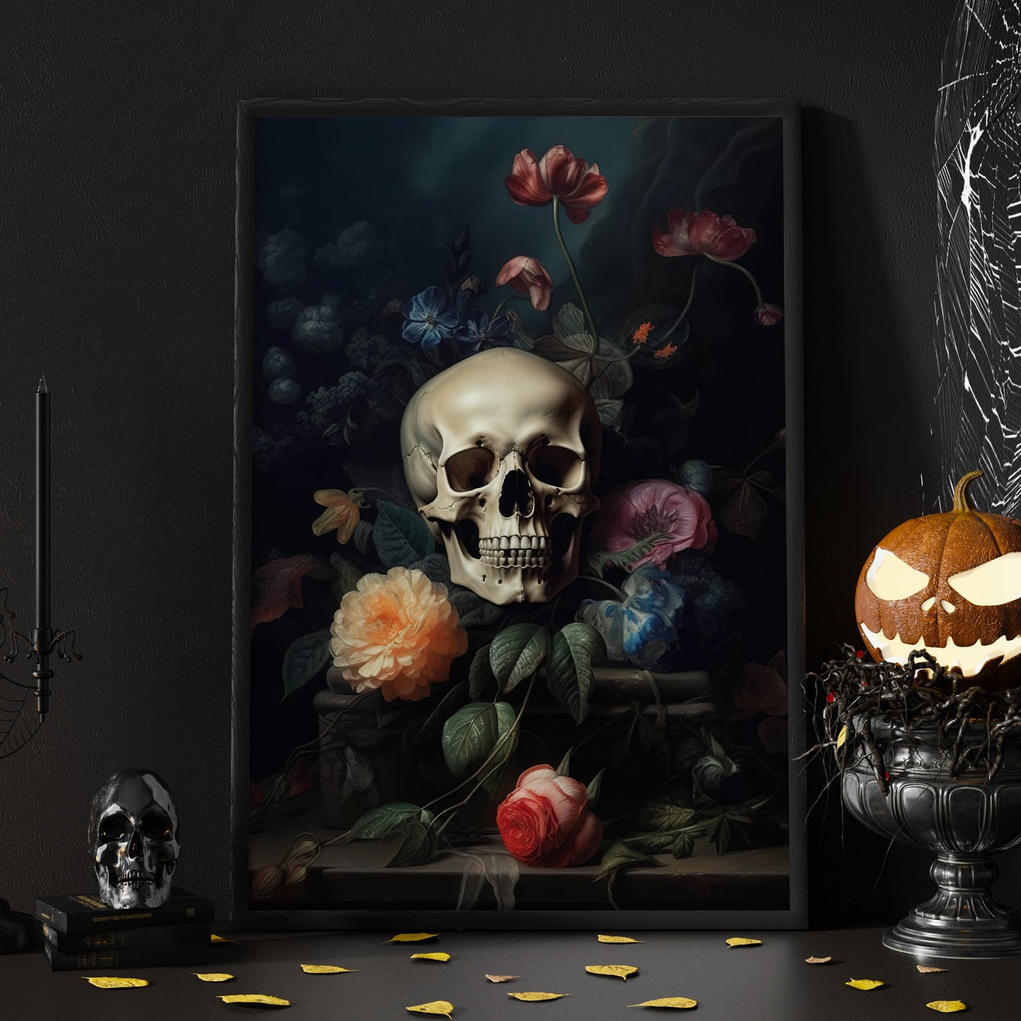 The Skull Hiding Flowers, Gothic Canvas Painting, Wall Art Decor - Vintage Skull Poster Gift