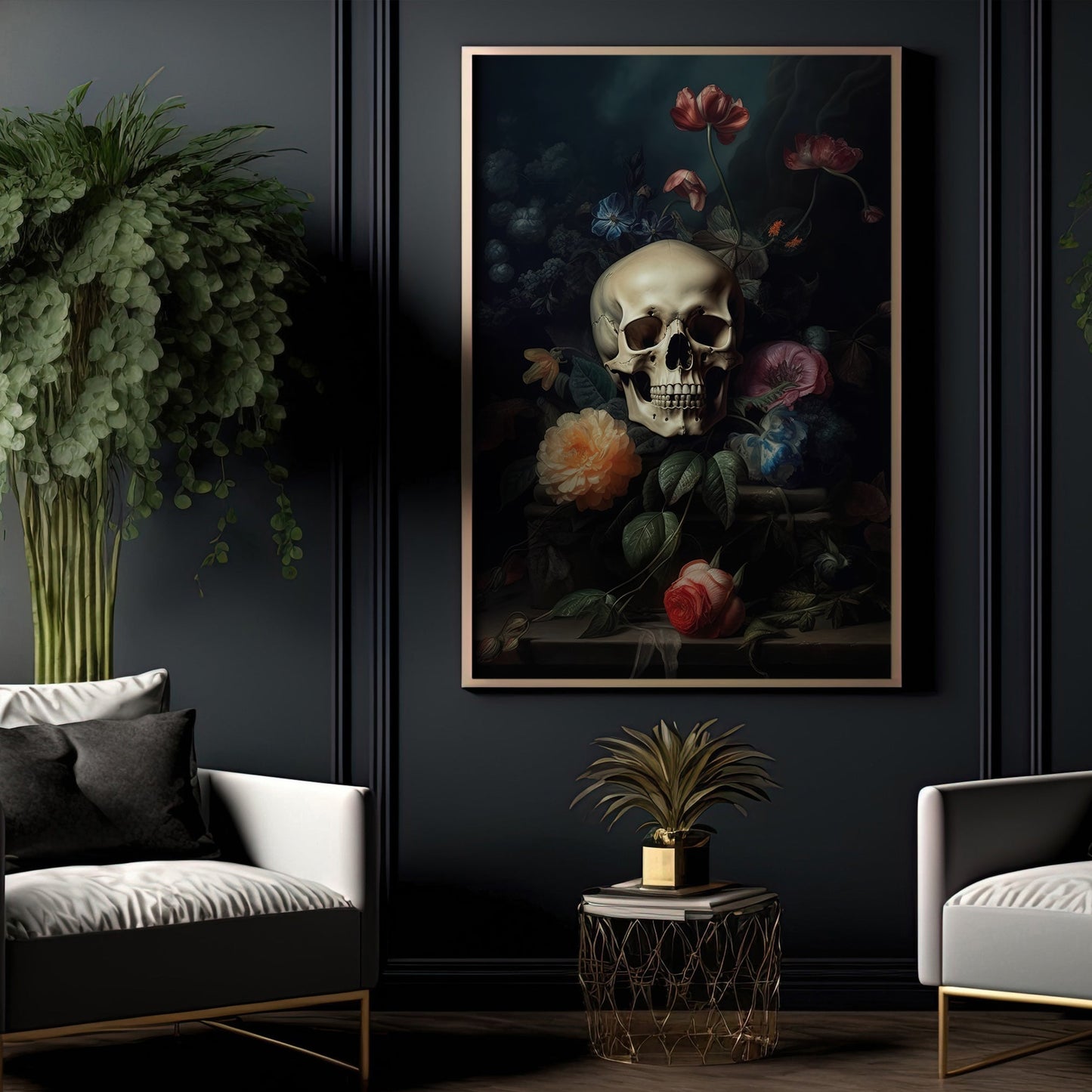 The Skull Hiding Flowers, Gothic Canvas Painting, Wall Art Decor - Vintage Skull Poster Gift