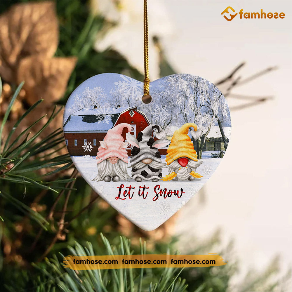 Christmas Farm Ornament, Let It Snow With Cute Gnomies Gift For Farmers, Heart Ceramic Ornament