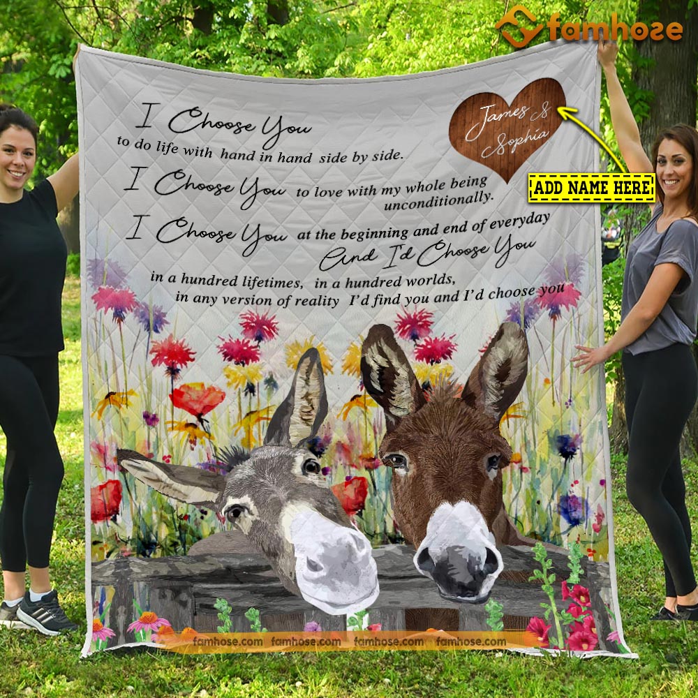 Personalized Donkey Blanket, I Choose You To Do Life With Hand And Hand Side By Side Donkey Fleece Blanket - Sherpa Blanket Gift For Donkey Lover