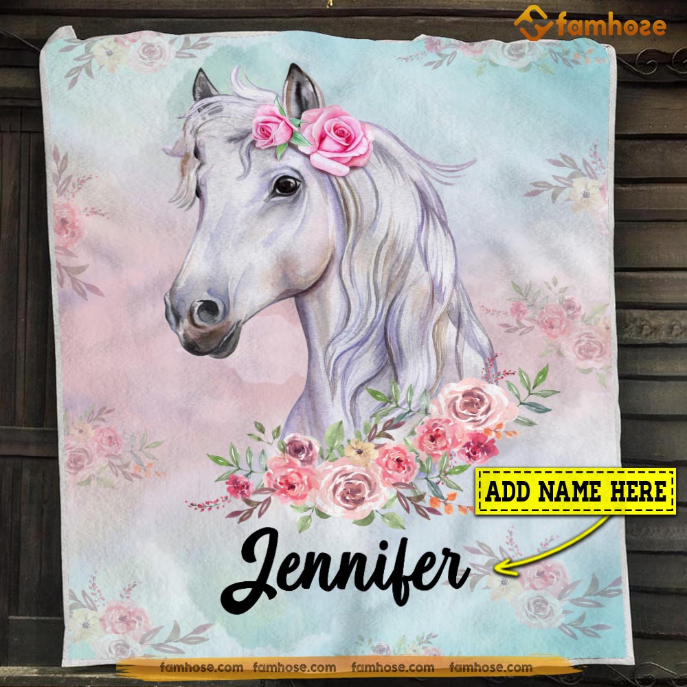 Personalized Horse Blanket, Cute Flower Horse, Horse Fleece Blanket - Sherpa Blanket Gift For Horse Lover