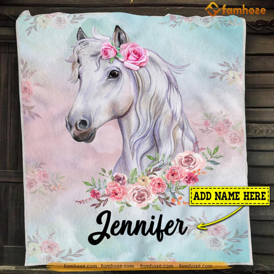 Personalized Horse Blanket, Cute Flower Horse, Horse Fleece Blanket - Sherpa Blanket Gift For Horse Lover