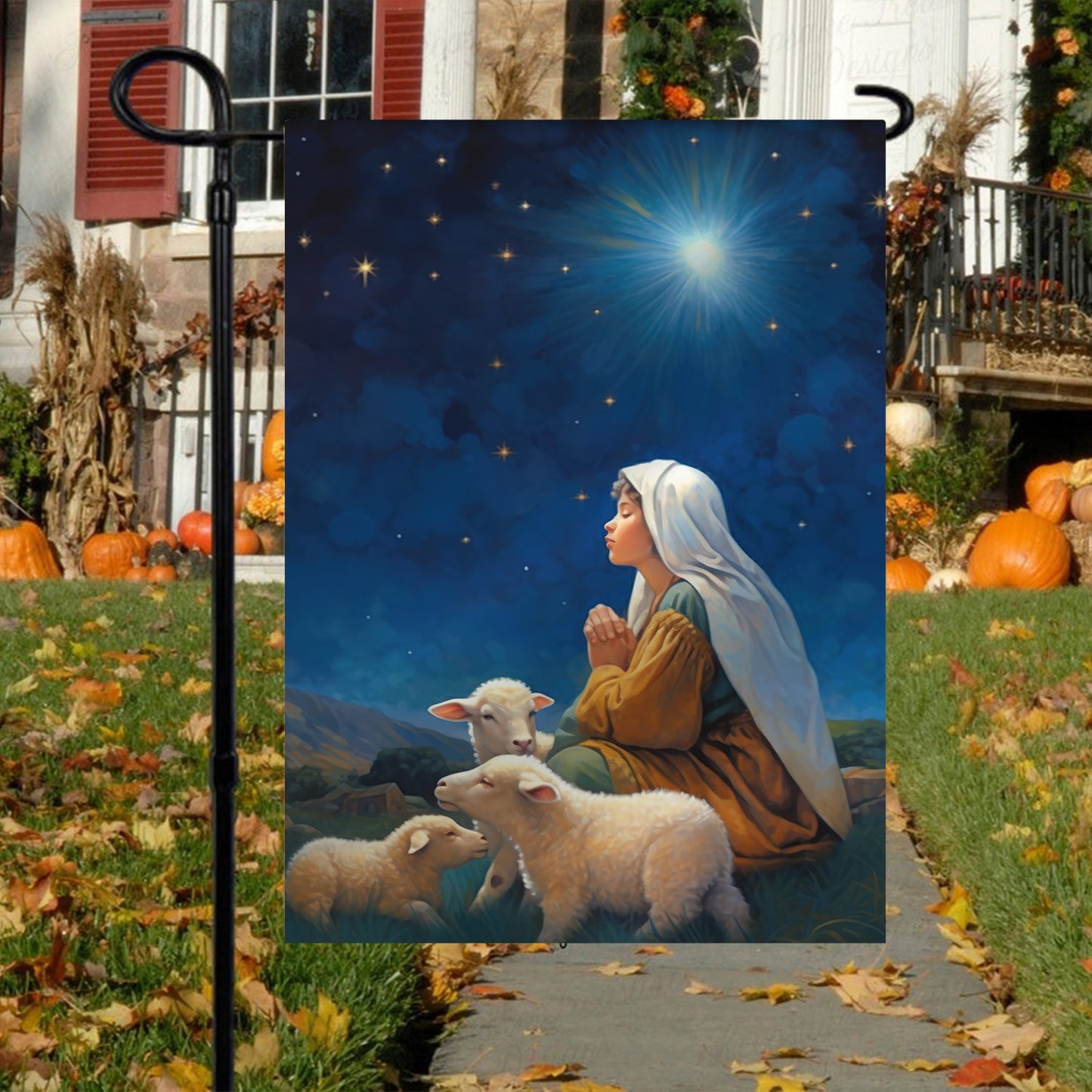 Starry Night Of Devotion Mary's Prayerful Moment, Christmas Garden Flag - House Flag, Nativity Religious Winter Christians Flag Gift