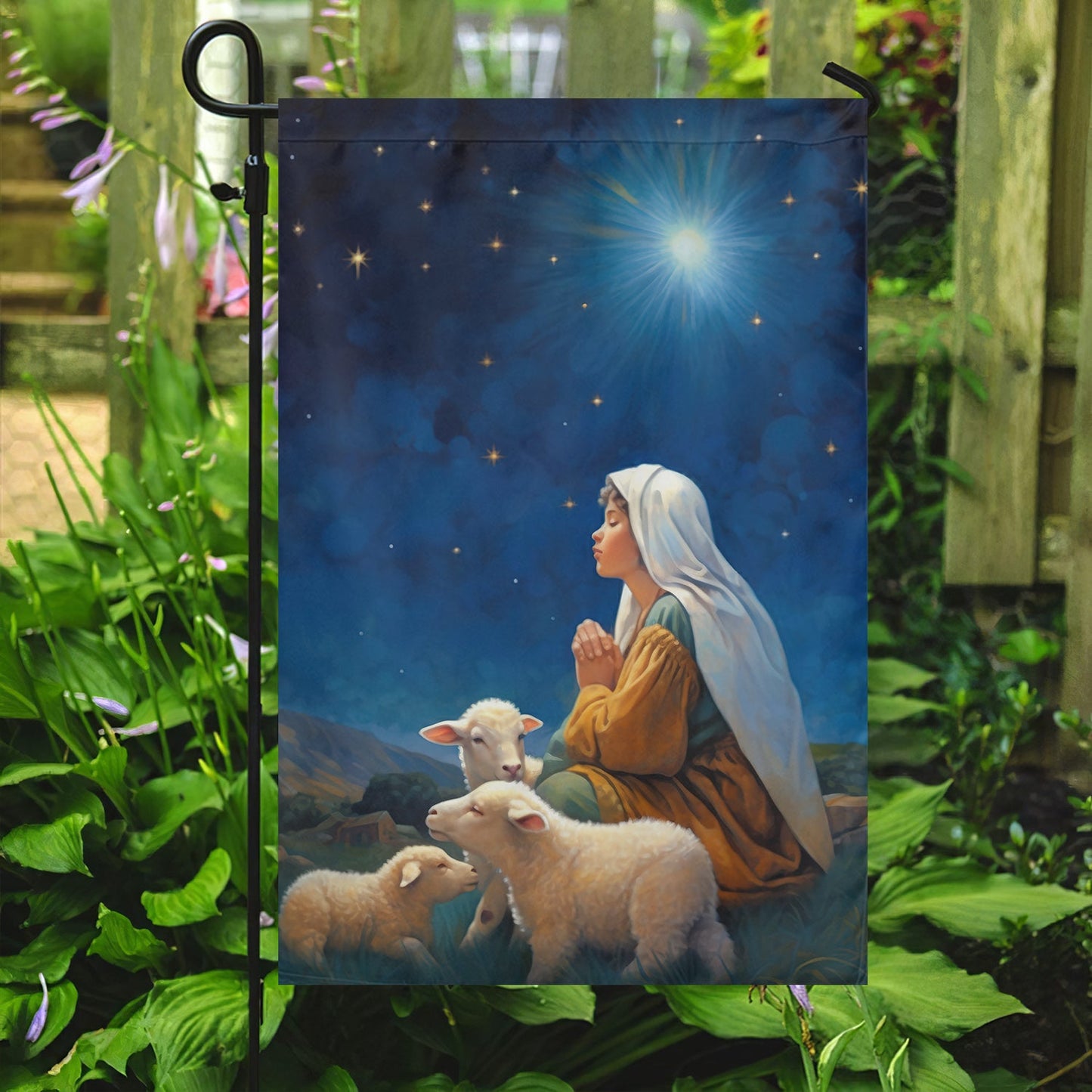 Starry Night Of Devotion Mary's Prayerful Moment, Christmas Garden Flag - House Flag, Nativity Religious Winter Christians Flag Gift