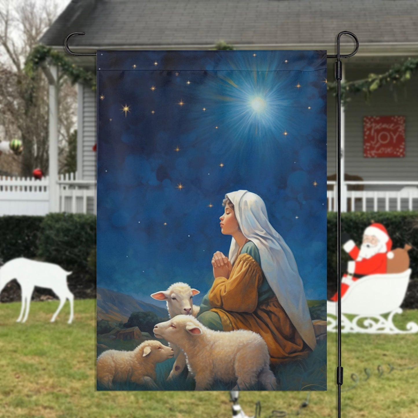 Starry Night Of Devotion Mary's Prayerful Moment, Christmas Garden Flag - House Flag, Nativity Religious Winter Christians Flag Gift