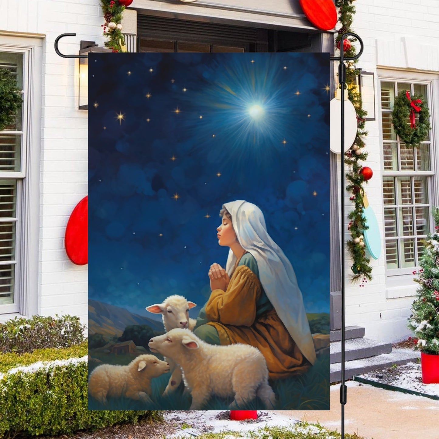 Starry Night Of Devotion Mary's Prayerful Moment, Christmas Garden Flag - House Flag, Nativity Religious Winter Christians Flag Gift