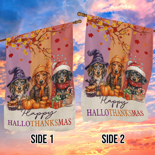 Funny Dachshund Dog Garden & House Flag, Happy HalloThanksMas Wiener Yard Flag, 3 Seasons In 1 Flag Gift For Dog Lover
