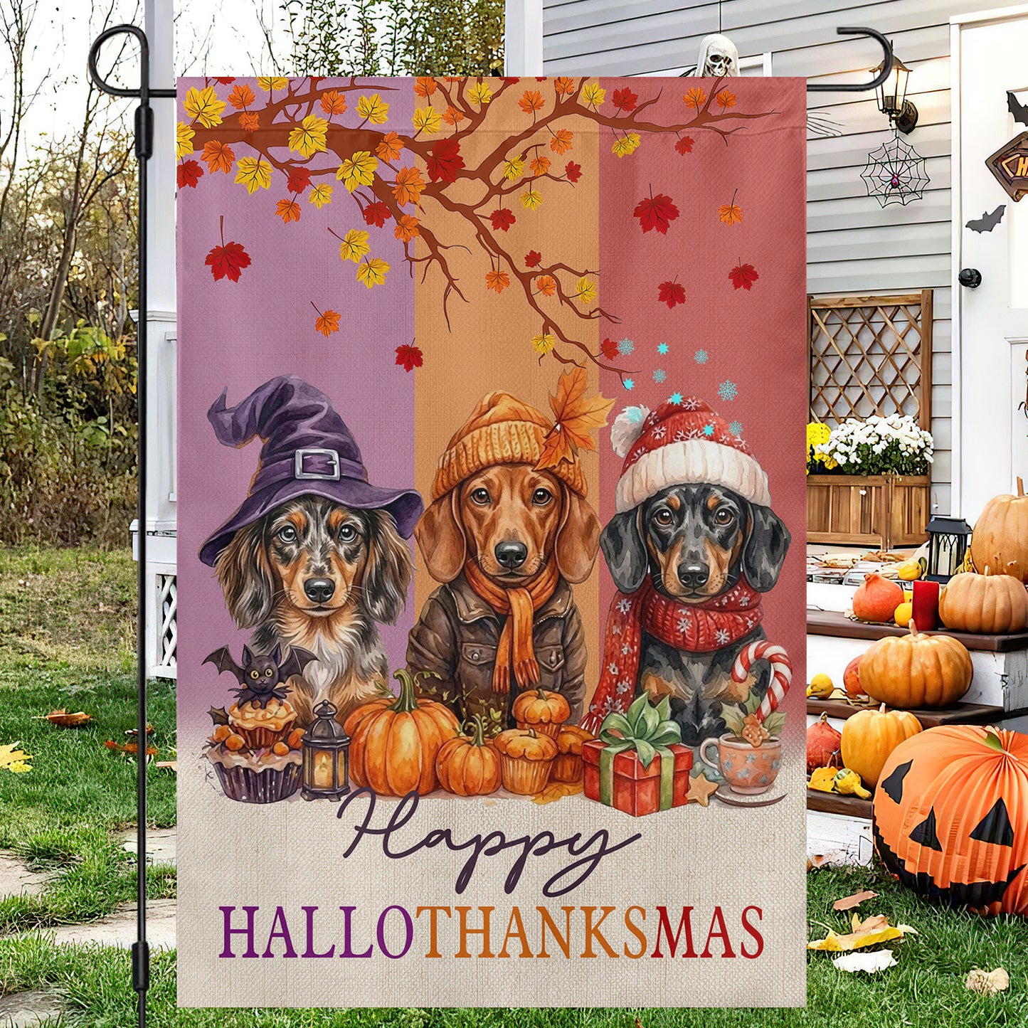 Funny Dachshund Dog Garden & House Flag, Happy HalloThanksMas Wiener Yard Flag, 3 Seasons In 1 Flag Gift For Dog Lover