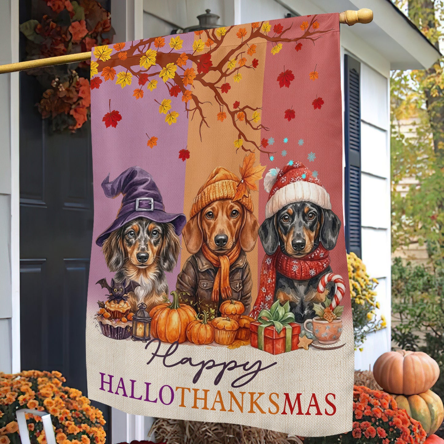 Funny Dachshund Dog Garden & House Flag, Happy HalloThanksMas Wiener Yard Flag, 3 Seasons In 1 Flag Gift For Dog Lover