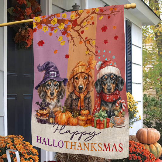 Funny Dachshund Dog Garden & House Flag, Happy HalloThanksMas Wiener Yard Flag, 3 Seasons In 1 Flag Gift For Dog Lover