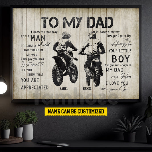 Motivational Personalized Motocross Dad Son Canvas Painting, To My Dad I Know It's Not Easy Wall Art Decor, Poster Father's Day Gift For Motocross Lovers