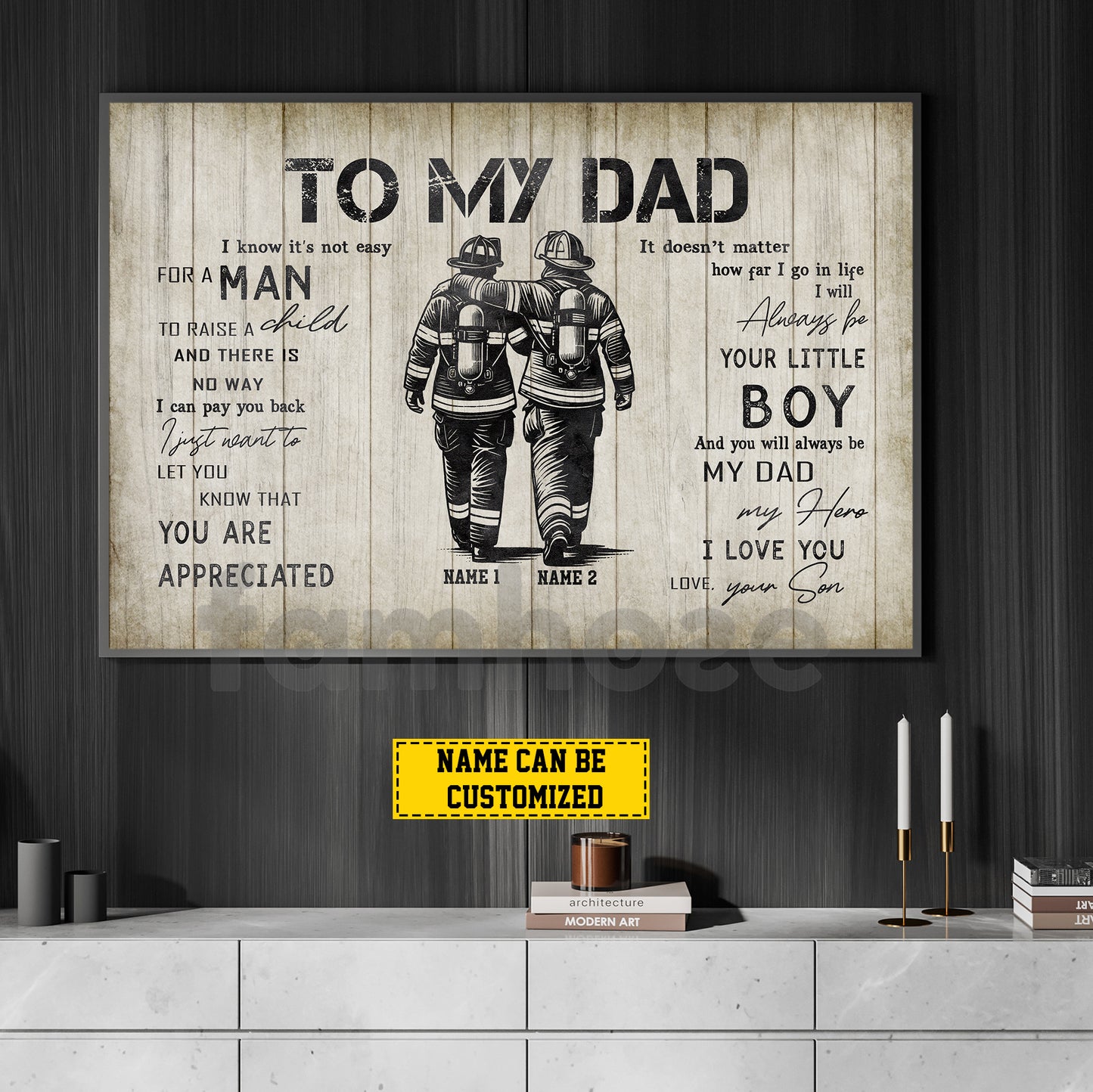 Motivational Personalized Firefighter Dad Son Canvas Painting, To My Dad I Know It's Not Easy Wall Art Decor, Poster Father's Day Gift For Fireman, Firefighter Lovers