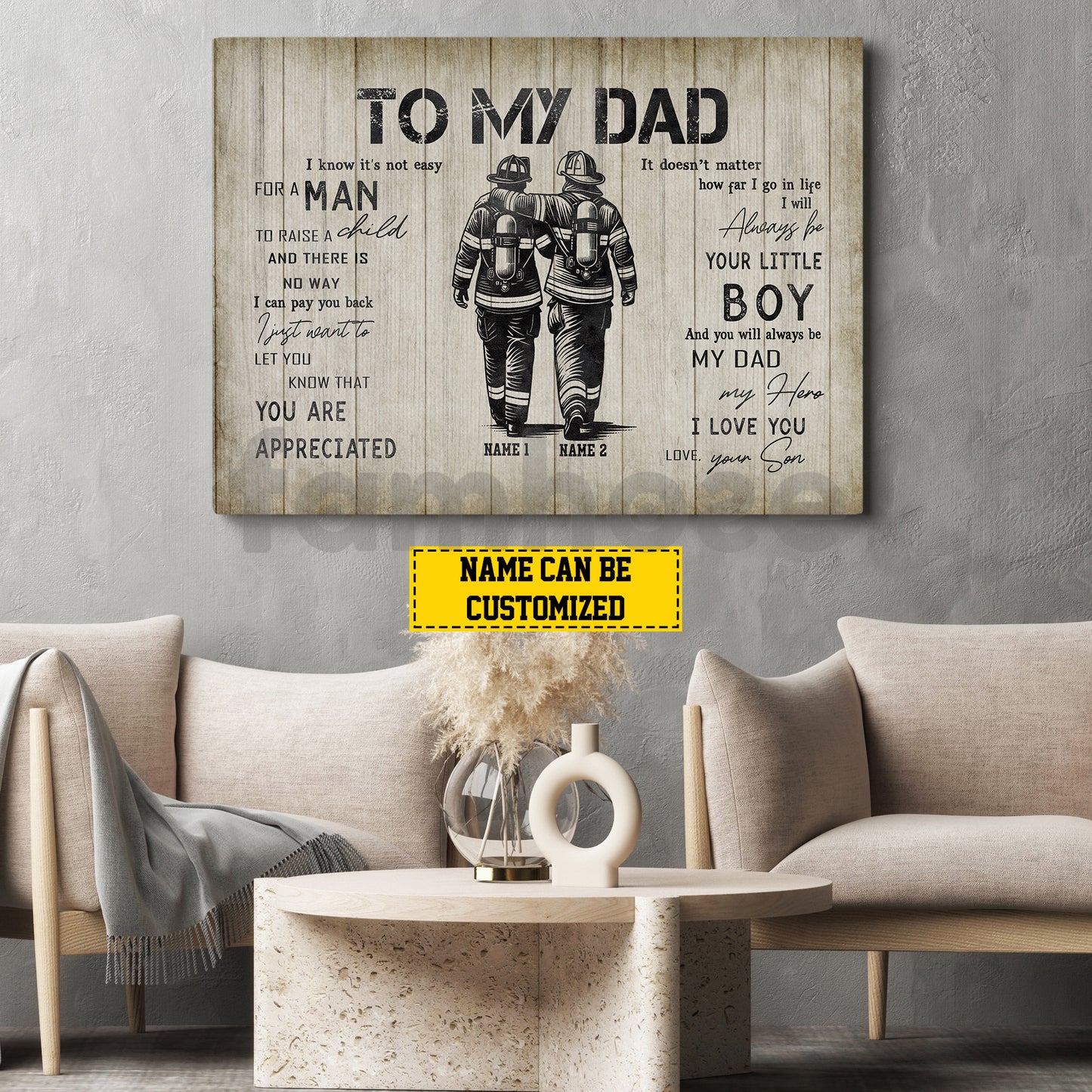 Motivational Personalized Firefighter Dad Son Canvas Painting, To My Dad I Know It's Not Easy Wall Art Decor, Poster Father's Day Gift For Fireman, Firefighter Lovers