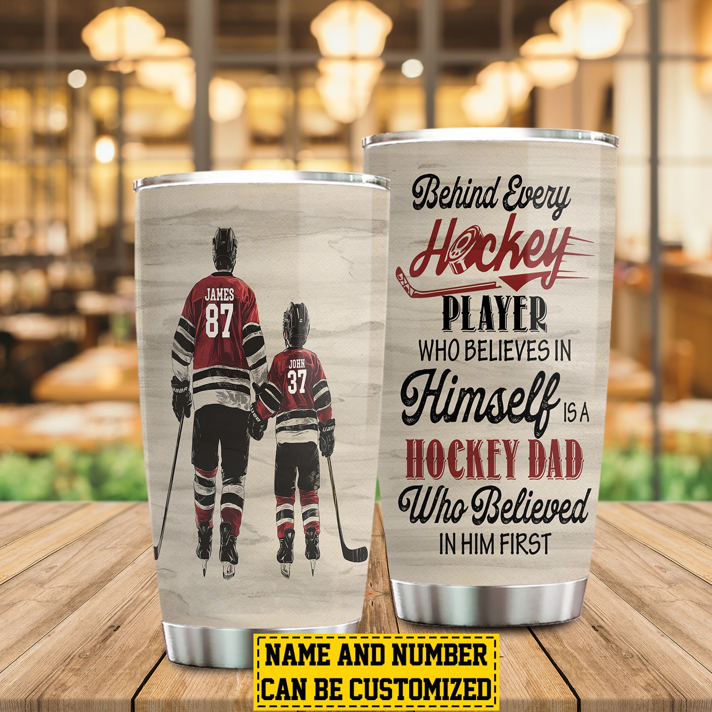 Personalized Hockey Dad Son Tumbler, Behind Every Hockey Player Sports Stainless Steel Tumbler, Travel Mug Tumblers Father's Day Gift For Hockey Lovers