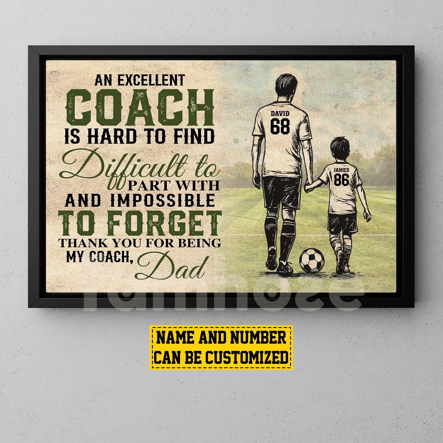 Motivational Personalized Soccer Dad Son Canvas Painting, An Excellent Coach Is Hard To Find Wall Art Decor, Poster Father's Day Gift For Soccer Lovers