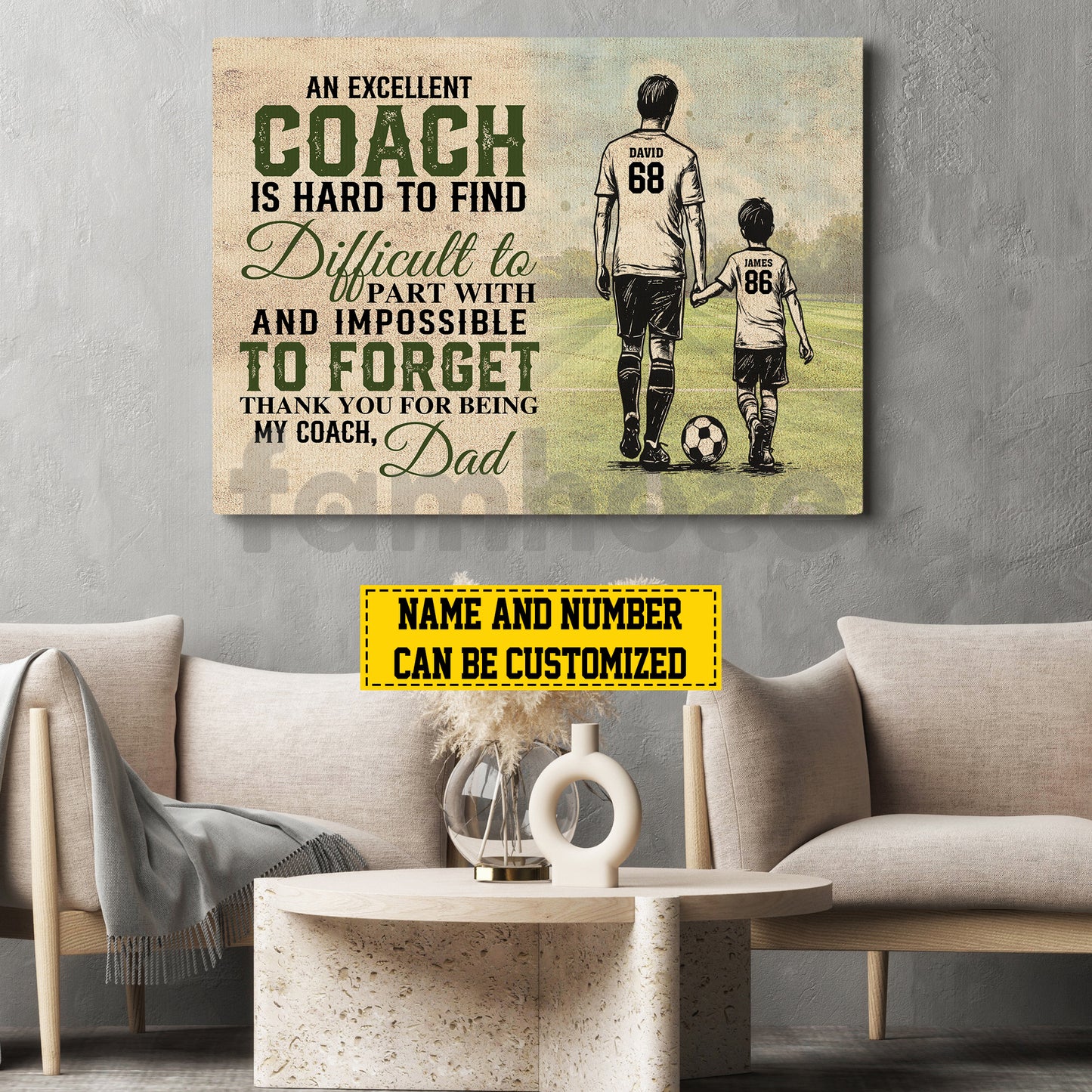 Motivational Personalized Soccer Dad Son Canvas Painting, An Excellent Coach Is Hard To Find Wall Art Decor, Poster Father's Day Gift For Soccer Lovers