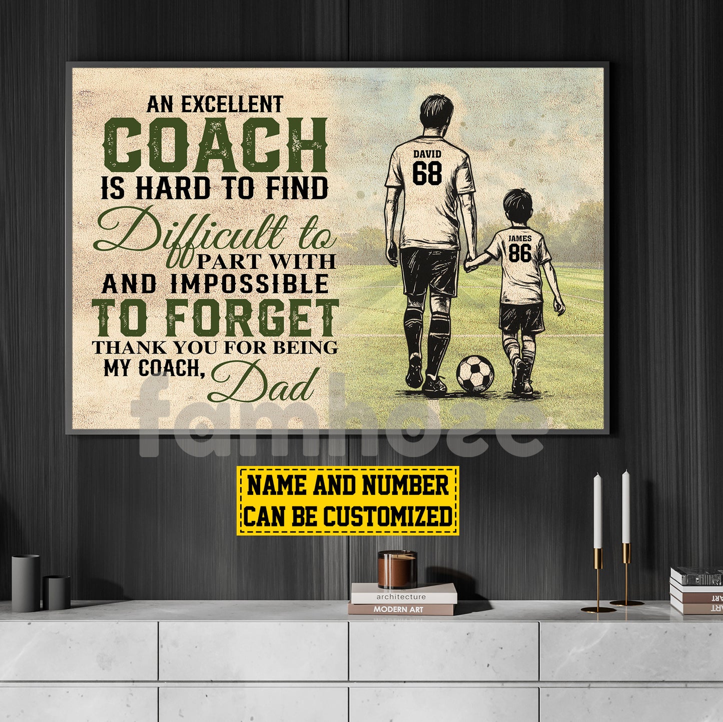 Motivational Personalized Soccer Dad Son Canvas Painting, An Excellent Coach Is Hard To Find Wall Art Decor, Poster Father's Day Gift For Soccer Lovers