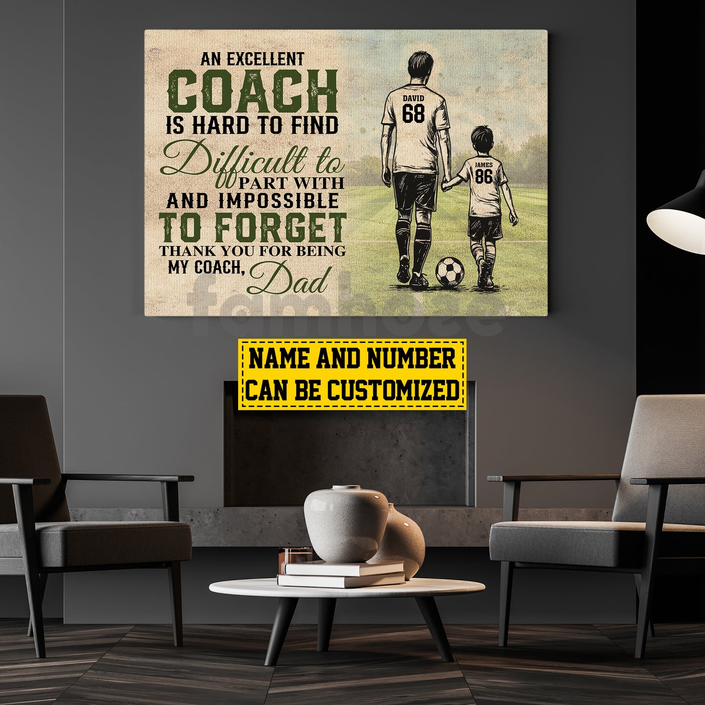 Motivational Personalized Soccer Dad Son Canvas Painting, An Excellent Coach Is Hard To Find Wall Art Decor, Poster Father's Day Gift For Soccer Lovers