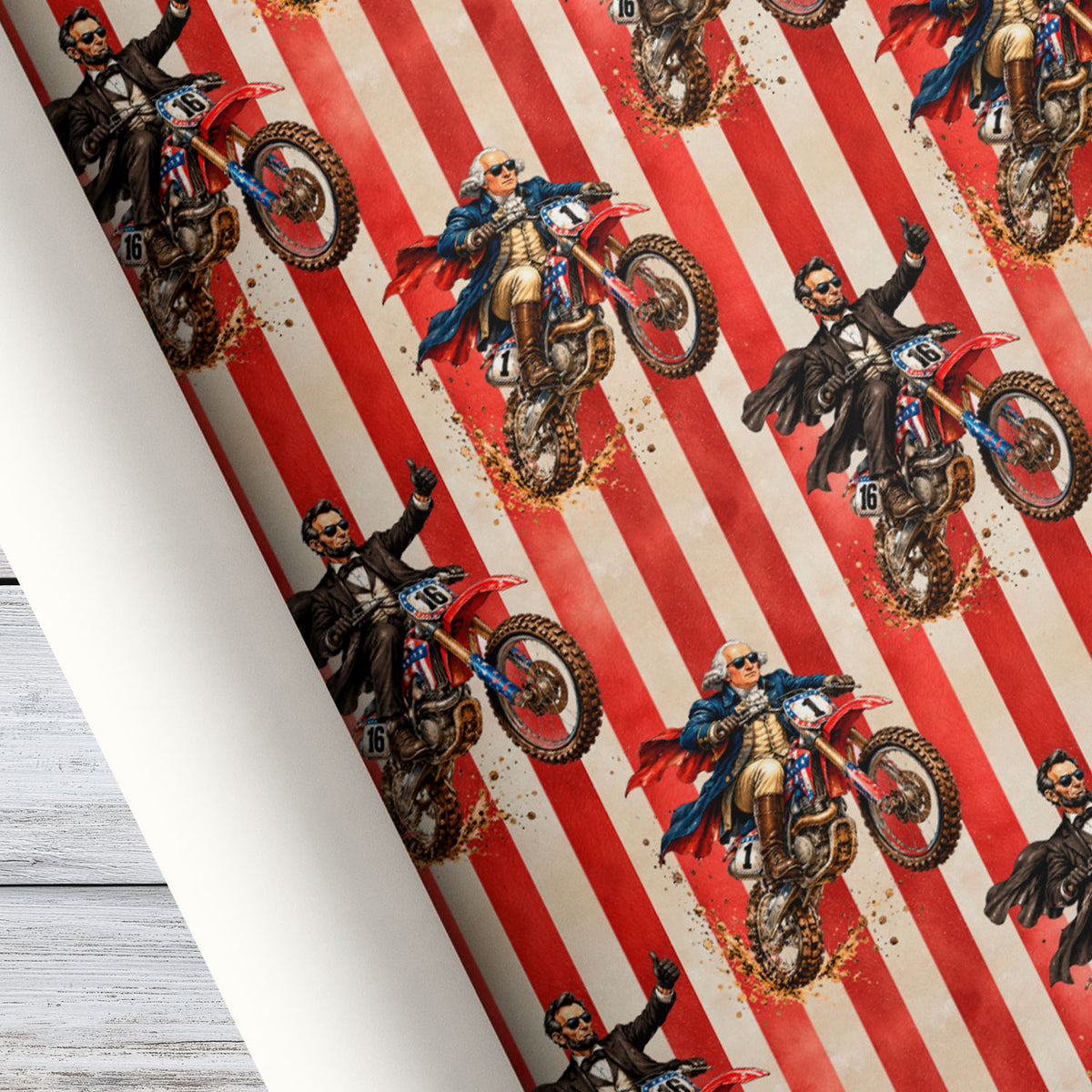 Funny Presidential Dirt Bike Wrapping Paper, George Washington And Abraham Lincoln Motocross Wrapping Paper Rolls, Gift Wrap For Dirt Bike Lover