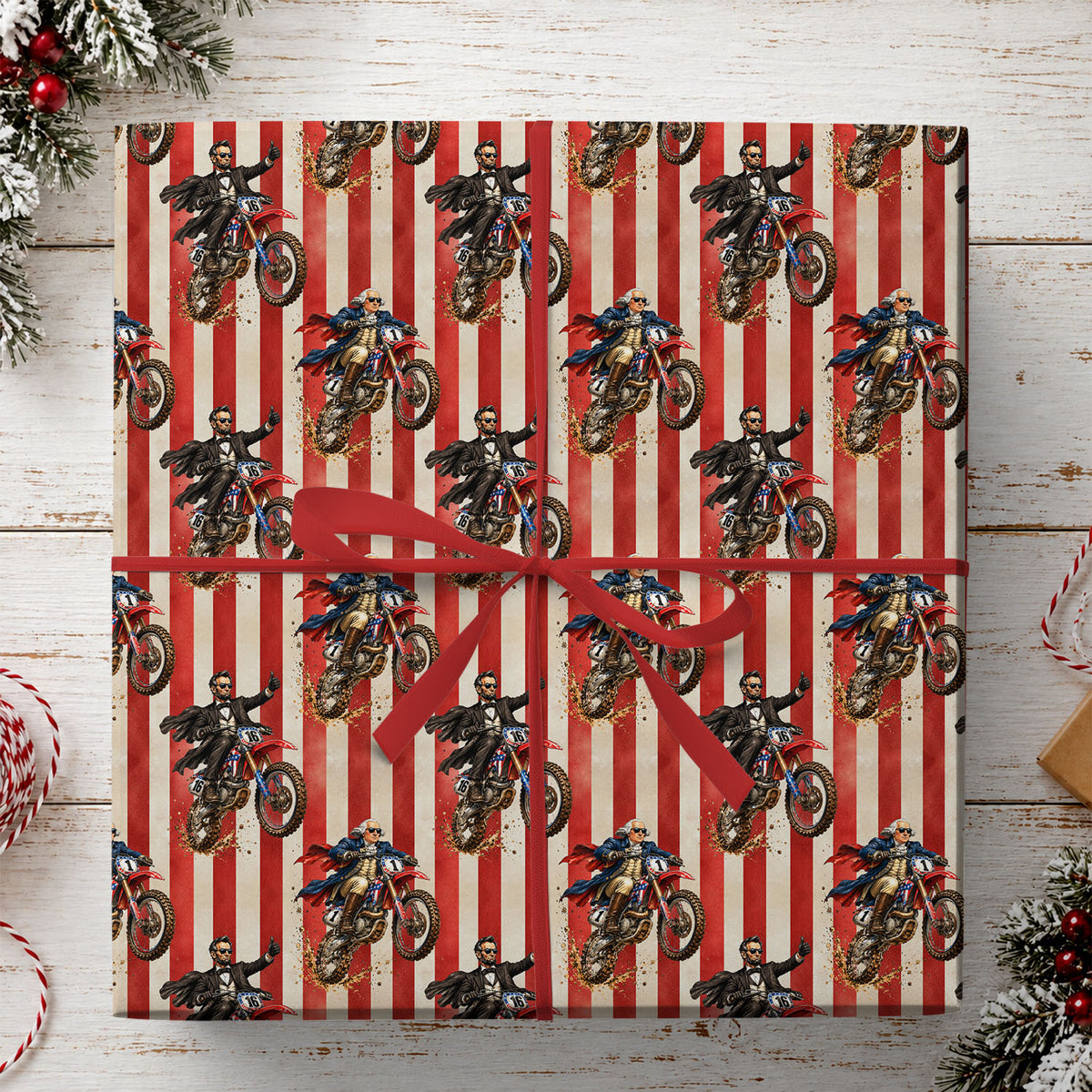 Funny Presidential Dirt Bike Wrapping Paper, George Washington And Abraham Lincoln Motocross Wrapping Paper Rolls, Gift Wrap For Dirt Bike Lover