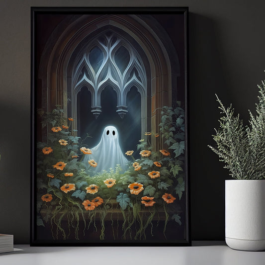 Vintage Ghost In Flowers Window Canvas Art Print - Dark Surreal Gothic Creepy Ghost Halloween Wall Decor