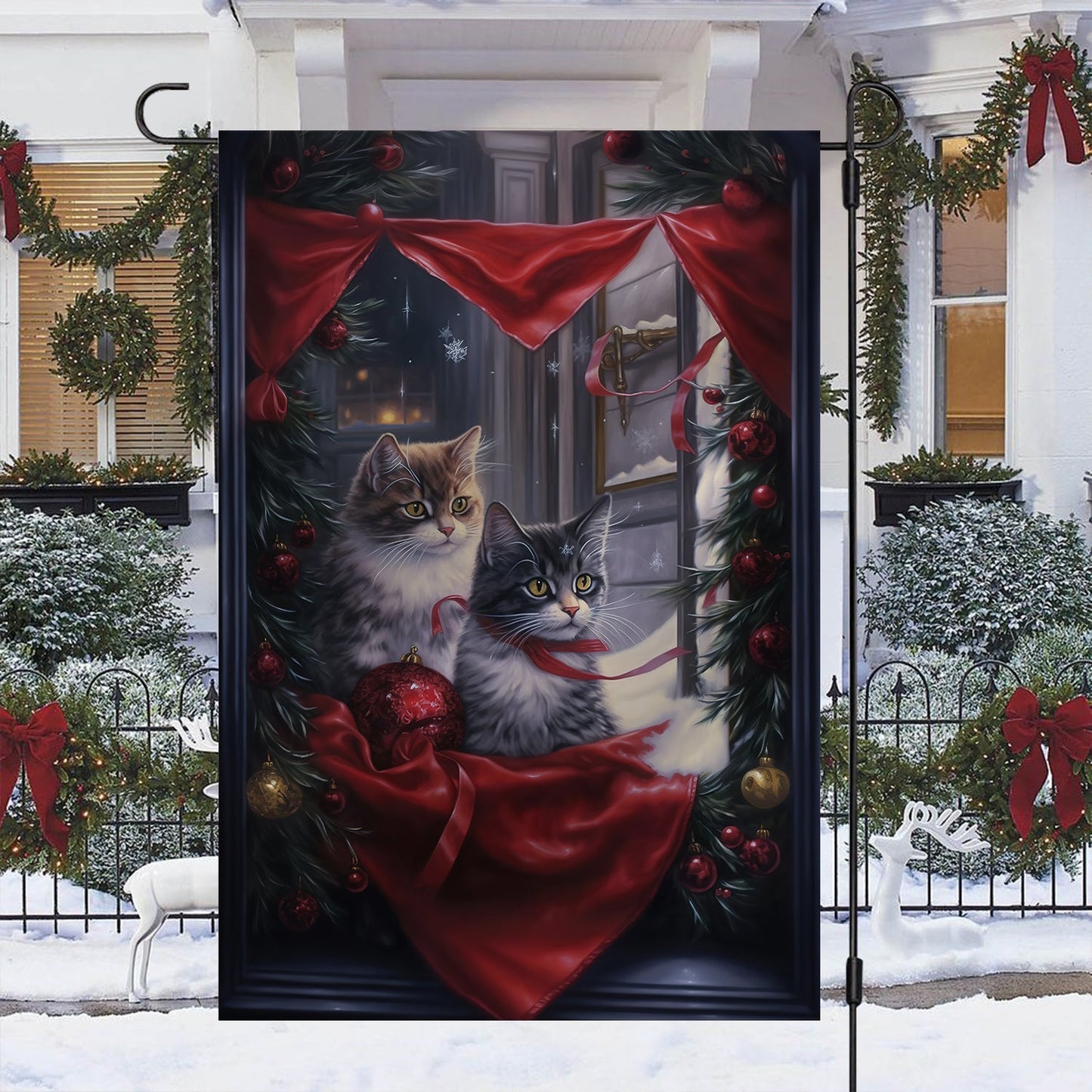 Couple Cats Look At The Window, Christmas Garden Flag - House Flag, Christmas Flag Gift For Cat Lovers, Cat Owners