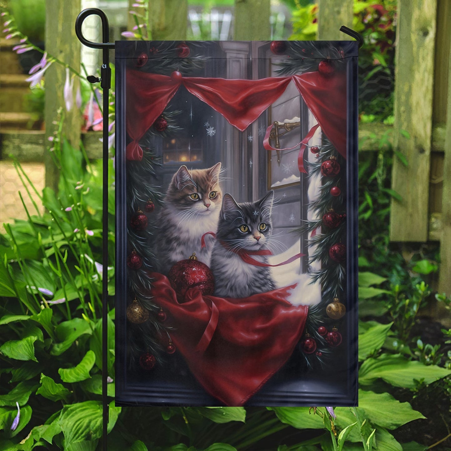 Couple Cats Look At The Window, Christmas Garden Flag - House Flag, Christmas Flag Gift For Cat Lovers, Cat Owners