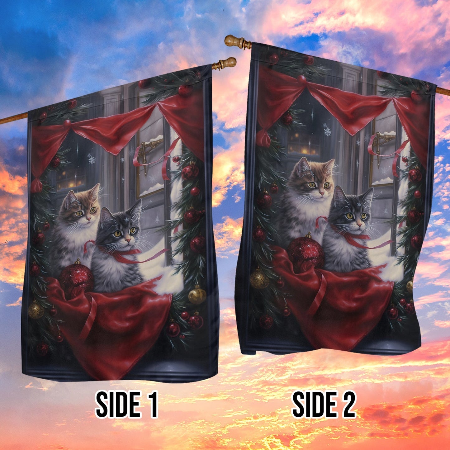 Couple Cats Look At The Window, Christmas Garden Flag - House Flag, Christmas Flag Gift For Cat Lovers, Cat Owners