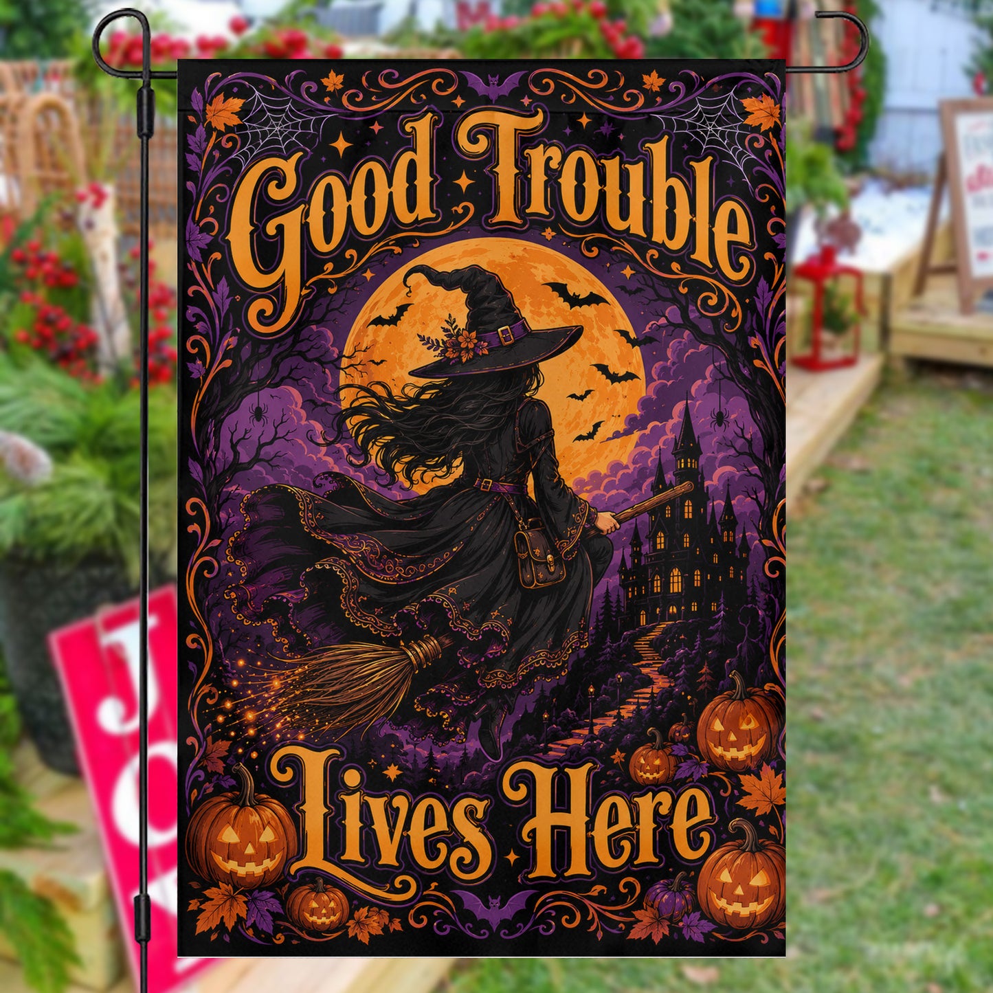 Halloween Witch Garden & House Flag, Good Trouble Lives Here Yard Flag, Spooky Season Gift For Witch Lover