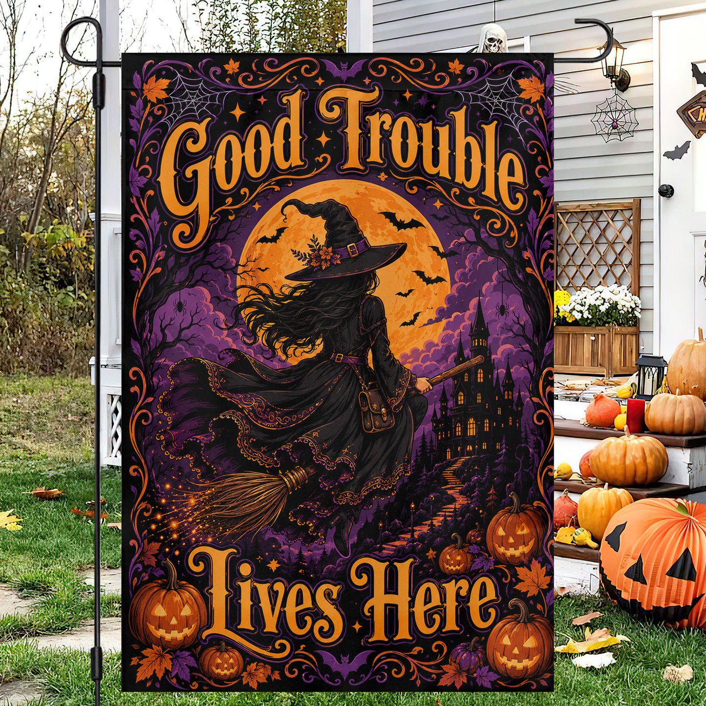 Halloween Witch Garden & House Flag, Good Trouble Lives Here Yard Flag, Spooky Season Gift For Witch Lover