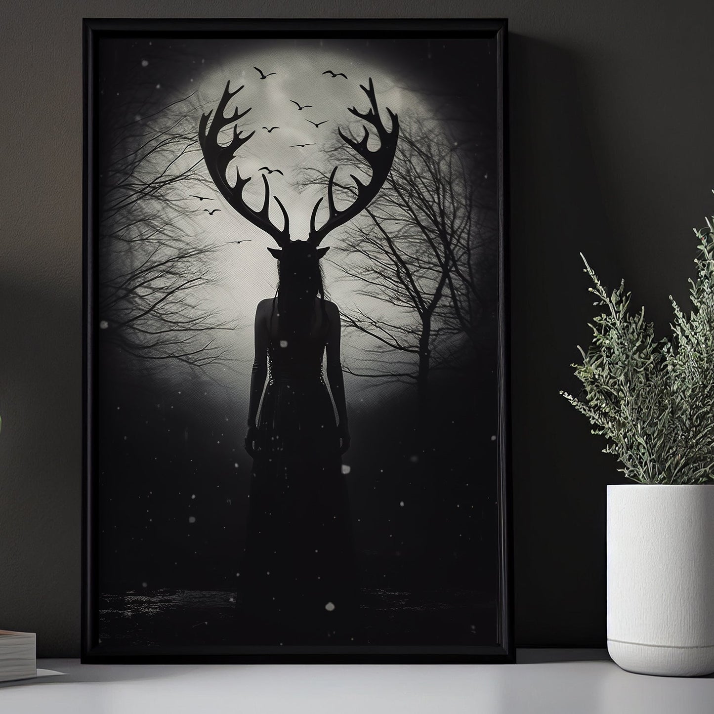 Enchanting Witch Amidst A Dark Forest Canvas Wall Art Print - Dark Surreal Mythical Witch Halloween Poster Gift