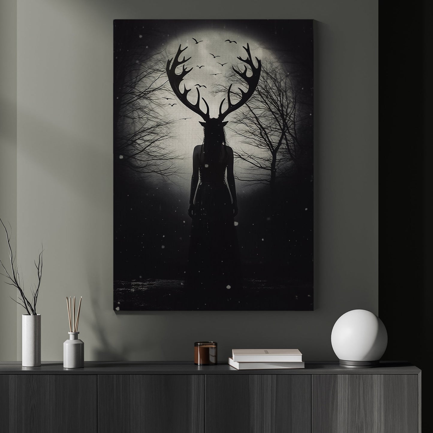 Enchanting Witch Amidst A Dark Forest Canvas Wall Art Print - Dark Surreal Mythical Witch Halloween Poster Gift