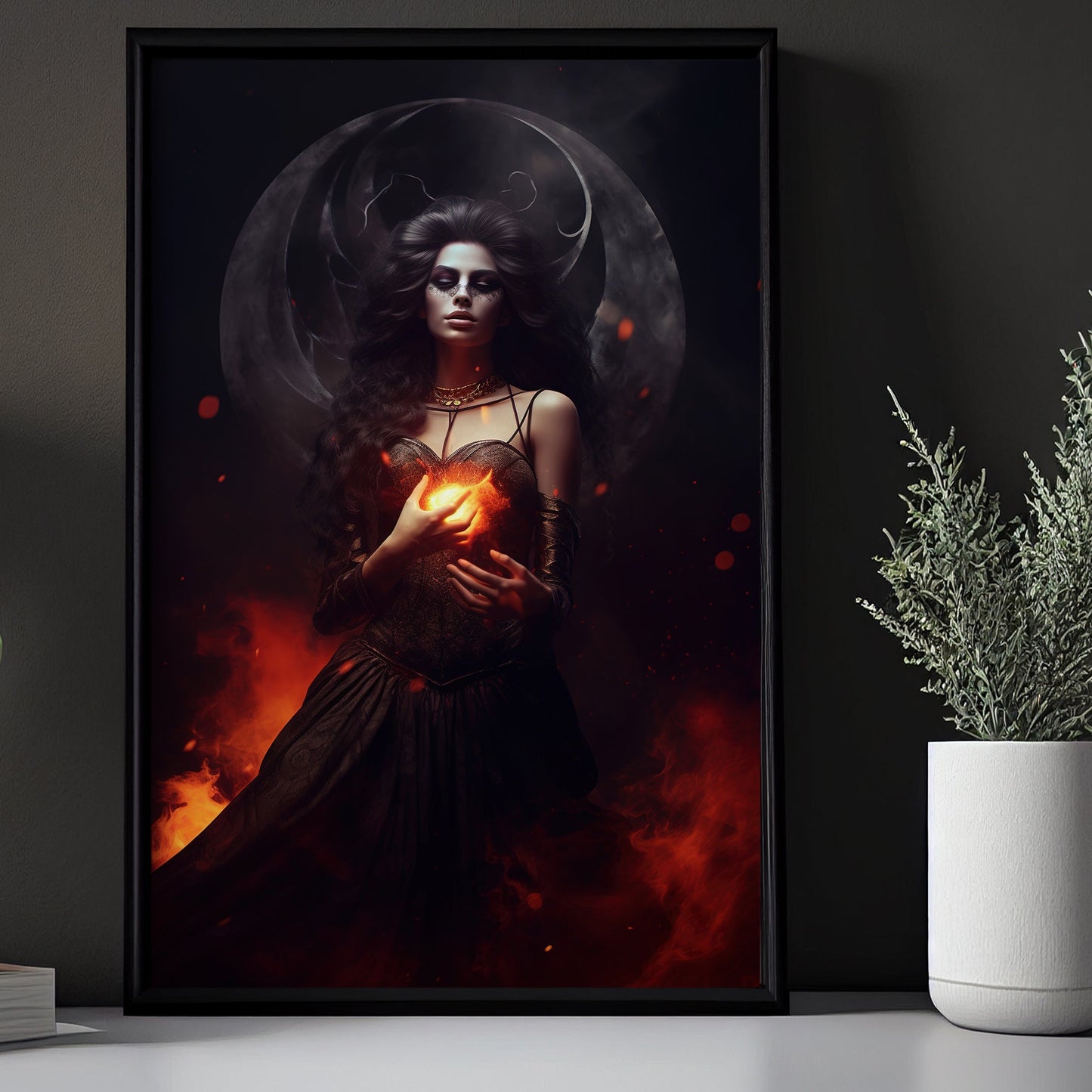 Mythical Moon Witch In Dark Vintage Canvas Art Print - Magical Witch Under Moon Poster Print