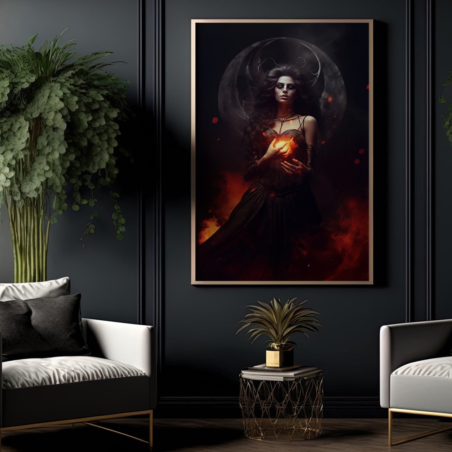 Mythical Moon Witch In Dark Vintage Canvas Art Print - Magical Witch Under Moon Poster Print