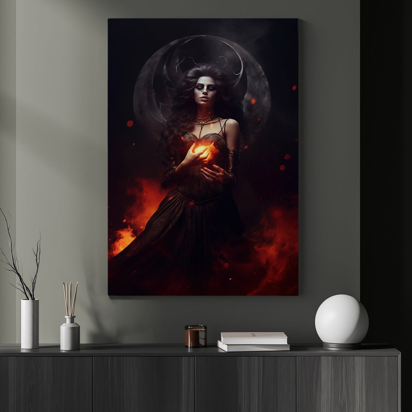 Mythical Moon Witch In Dark Vintage Canvas Art Print - Magical Witch Under Moon Poster Print